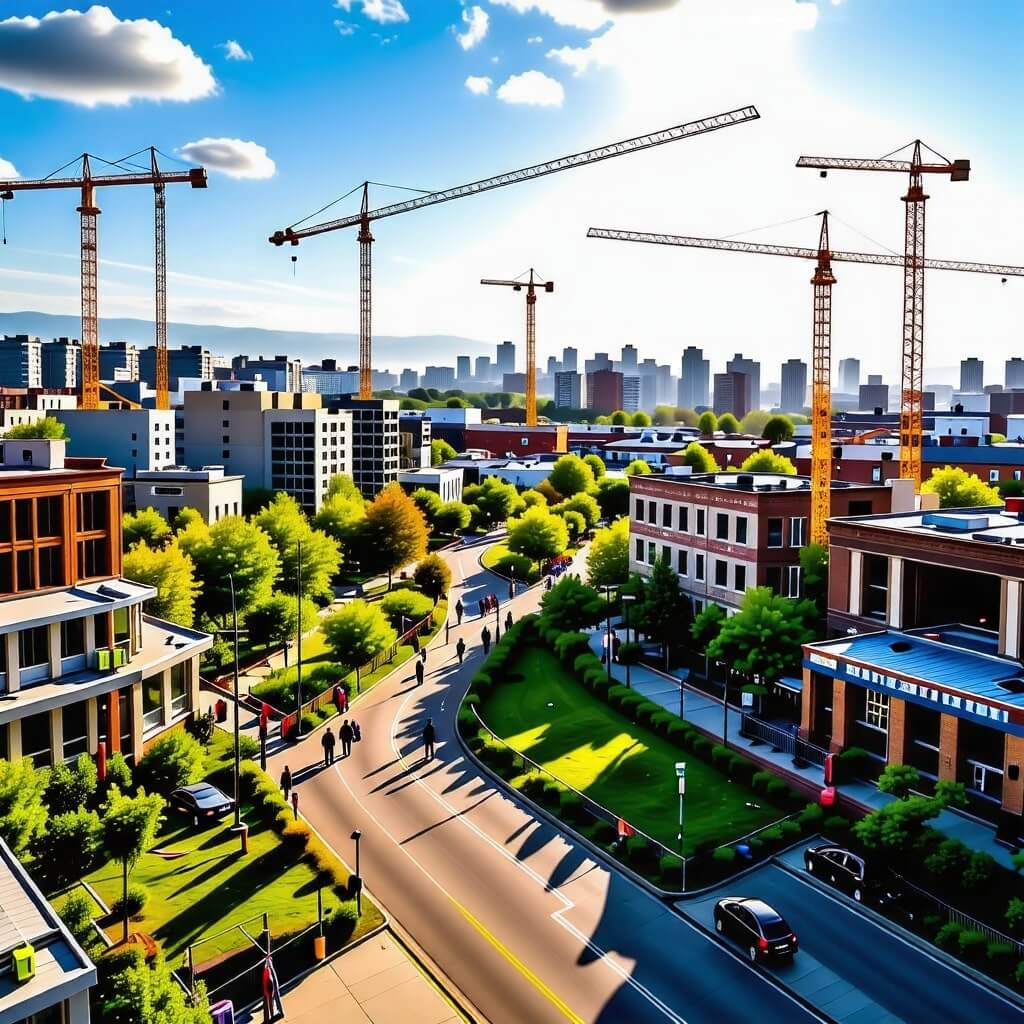 지진 후 재건된 도시의 파노라마 사진, 회복력과 희망을 보여줍니다