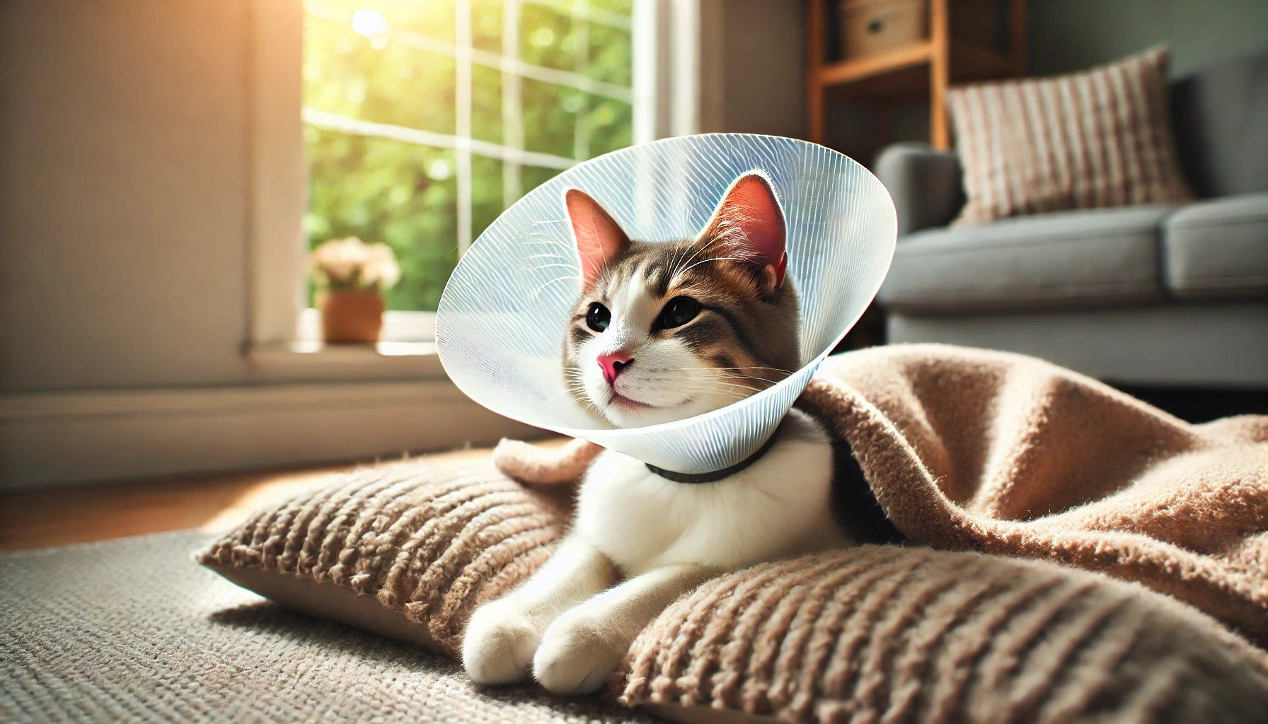 중성화 수술 후 넥카라를 착용한 고양이가 안정적으로 휴식을 취하는 모습