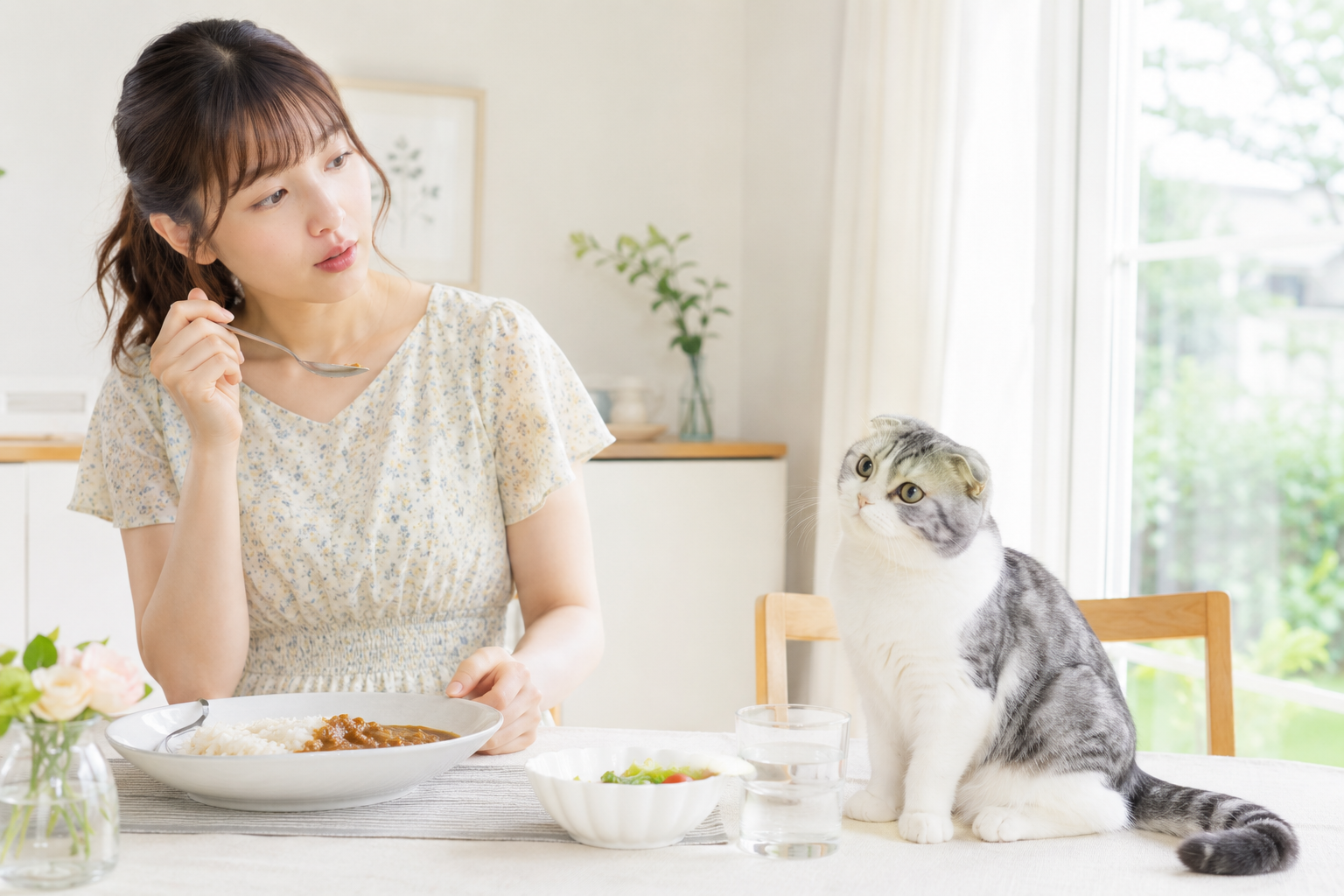 밥그릇 앞에서 사료를 먹다 말고 고개를 들어 멈춰 서 있는 고양이