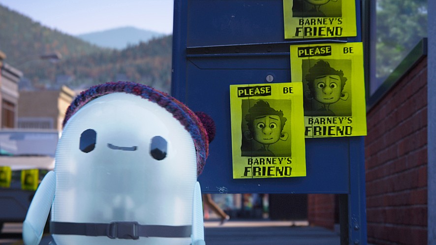 전단지 앞에서 웃고 있는 로봇의 모습