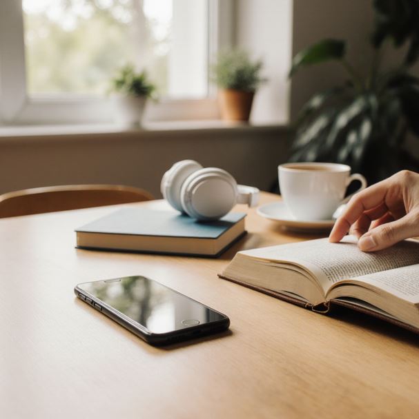 한 사람이 책을 읽고 있고, 그 옆에 노트, 따뜻한 차 한 잔이 배치되어 있다. 휴대폰을 멀리 두고 있어 디지털 물건과 멀리하는 모습이다.