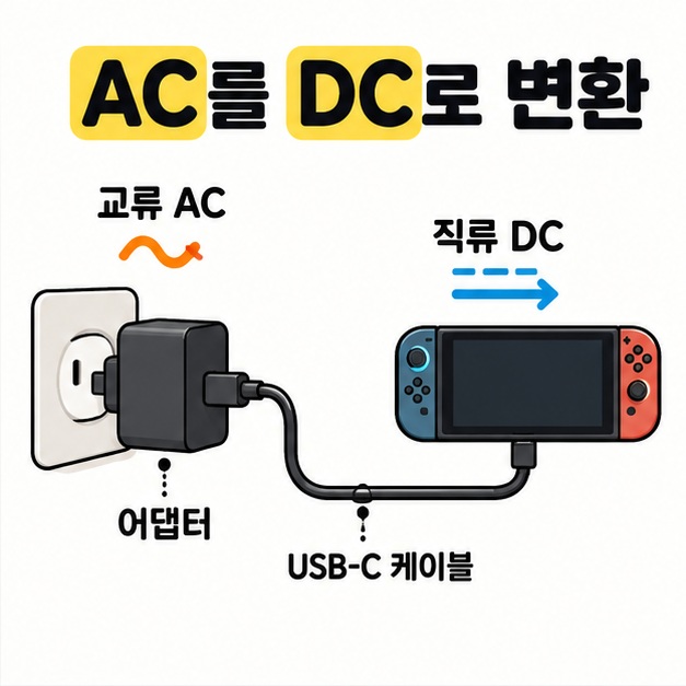콘센트의 교류 AC를 어댑터가 직류 DC로 바꾸고 USB-C 케이블로 게임기에 전원을 전달하는 역할을 설명하는 그림