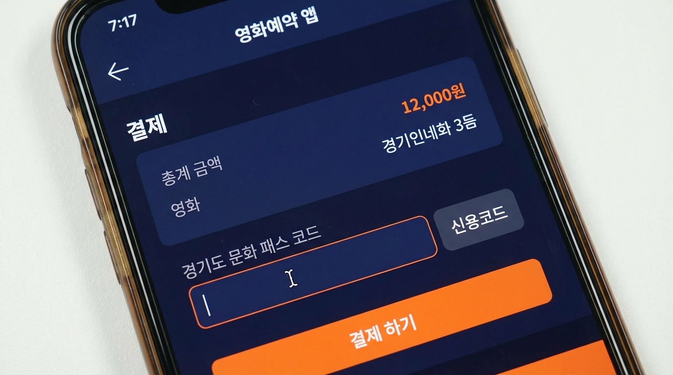 영화 예매 앱에서 경기컬처패스 할인 코드를 입력하는 결제 화면