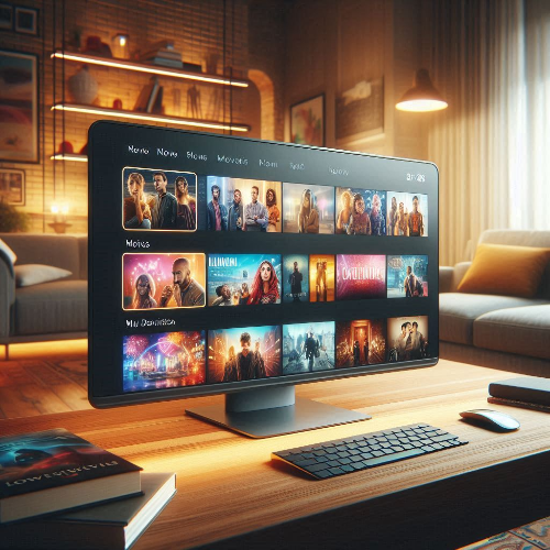 북유럽 감성의 거실에서 모니터를 통해 최신 영화 및 시리즈를 탐색하는 장면