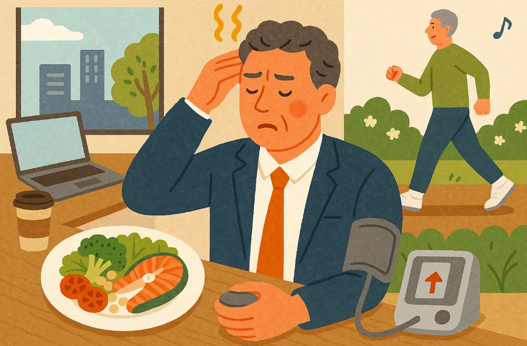 고혈압인 직장인이 혈압체크를 하고, 대응하기위해 운동하고 릴랙스 하는 사진