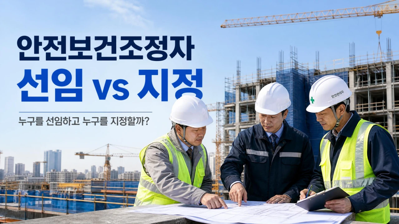 건설현장에서 공사감독자와 안전전문가가 도면을 보며 안전보건조정자 선임과 지정을 논의하는 모습