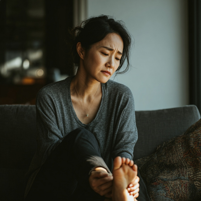 발바닥이 아파 걱정스러운 아줌마