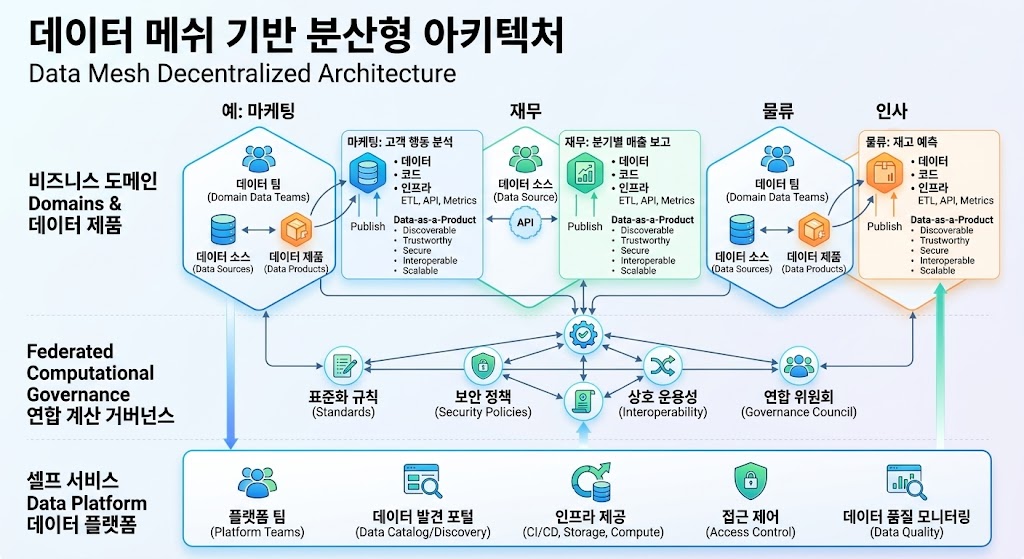 중앙집중형 웨어하우스의 병목을 해소하고 각 비즈니스 도메인이 독립적으로 데이터를 소유하고 교환하는 데이터 메쉬
