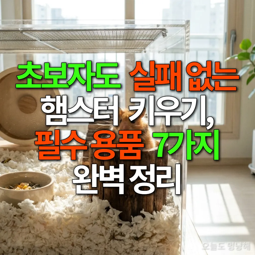 넓고 깨끗한 아크릴 케이지 안에서 은신처에 얼굴을 내밀고 있는 귀여운 햄스터의 모습