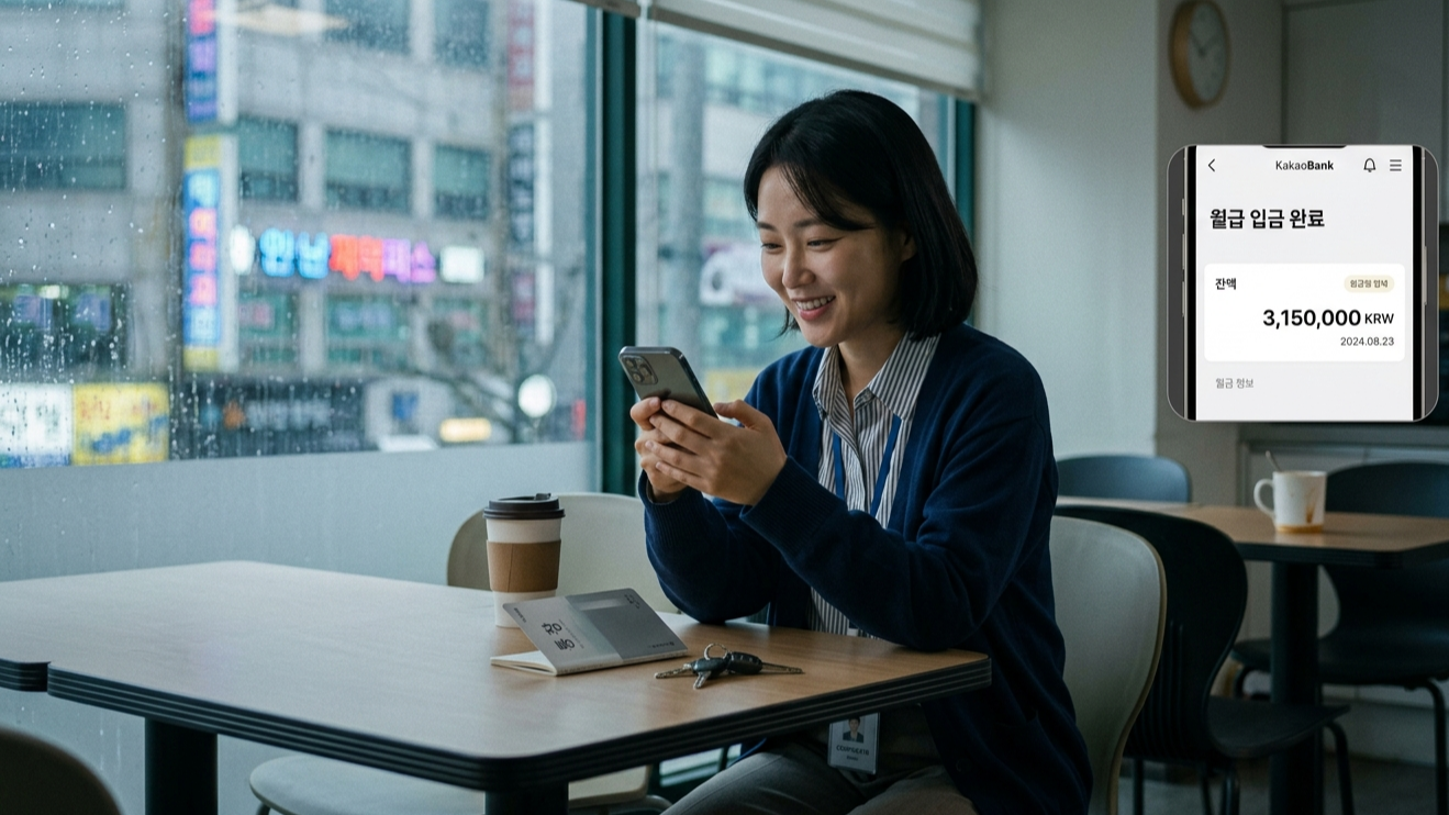 월급날 통장 잔액을 확인하는 직장인 모습