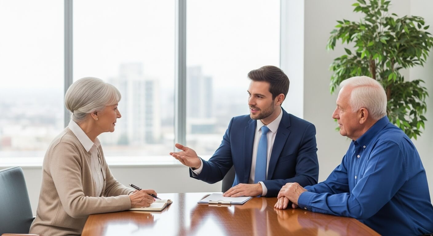 창구에서 노부부와 금융 상담을 진행하는 남성 은행원