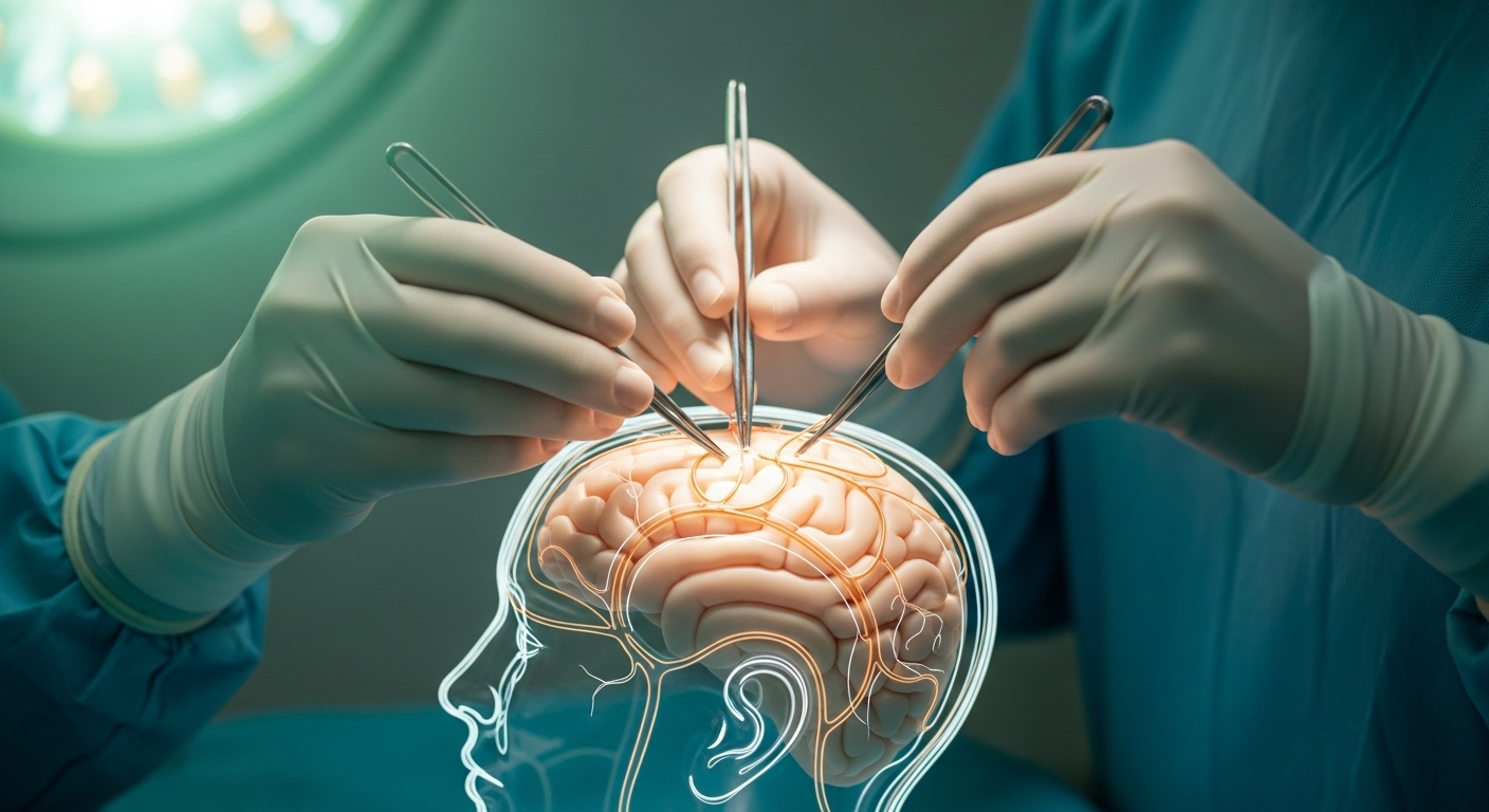 모야모야병 수술 장면을 연상시키는 이미지. 미세 혈관을 연결하는 신경외과 의사의 섬세한 손길을 통해 치료의 희망을 표현합니다.