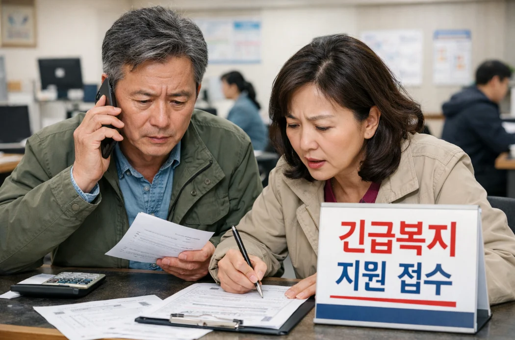 2025년 긴급복지지원금 예산 소진을 앞두고 주민센터에서 지원 신청을 서두르는 50대 부부의 모습