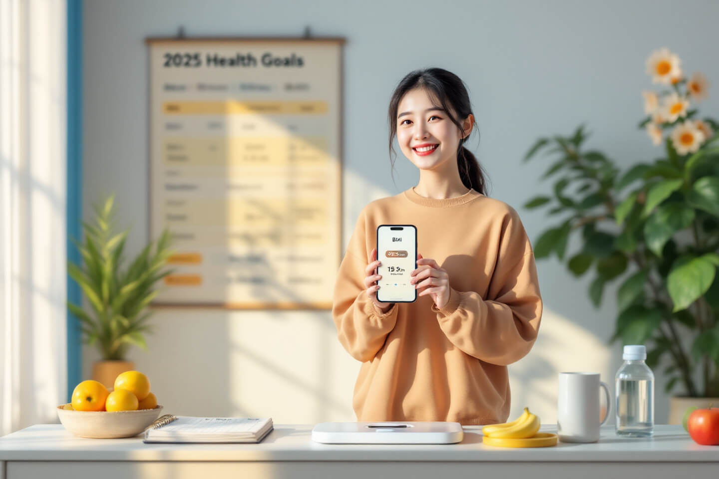 한 여성이 스마트폰 화면에 자신의 BMI 결과를 보여주며 환하게 웃고 있는 모습. 배경에는 '2025 Health Goals'라는 목표 차트가 걸려 있고, 테이블 위에는 신선한 과일, 물병, 다이어트 플래너가 놓여 있어 건강한 생활 방식을 강조합니다. 주변은 밝고 따뜻한 자연광으로 가득 차 있어 긍정적이고 희망적인 분위기를 자아냅니다