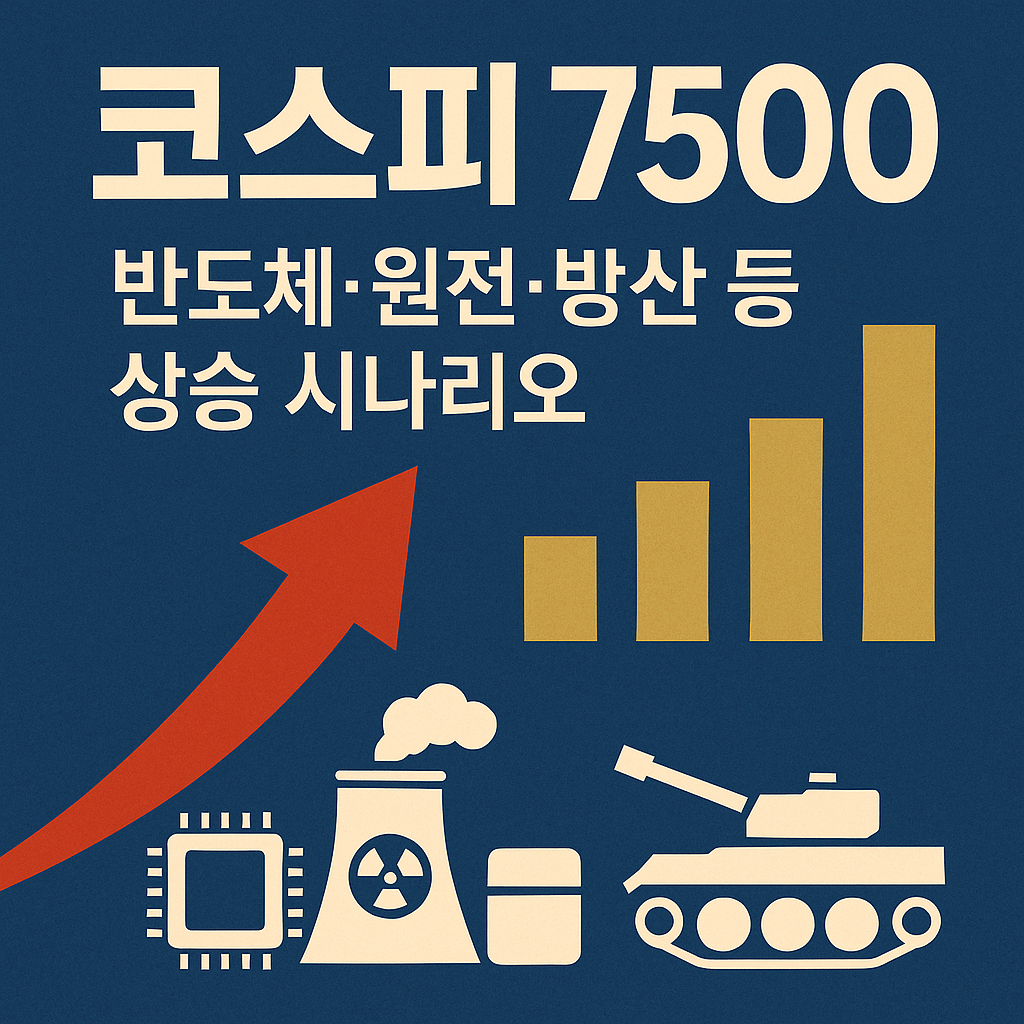“코스피 7500 목표 시나리오와 반도체·원전·방산 등 핵심 상승 산업을 보여주는 상승 화살표 그래픽” -->