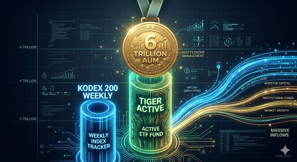 국내 금융공시 정보망 데이터베이스 플랫폼 위로 KODEX 200 위클리와 TIGER 배당 커버드콜 액티브의 순자산 우상향 기둥 차트가 6조 원 돌파 메달을 달고 정갈하게 안착하는 테크니컬 인포그래픽