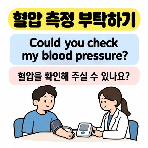 Could you check my blood pressure라는 요청 문장과 한국어 뜻 아래 의료진이 앉아 있는 사람의 혈압을 측정하는 그림