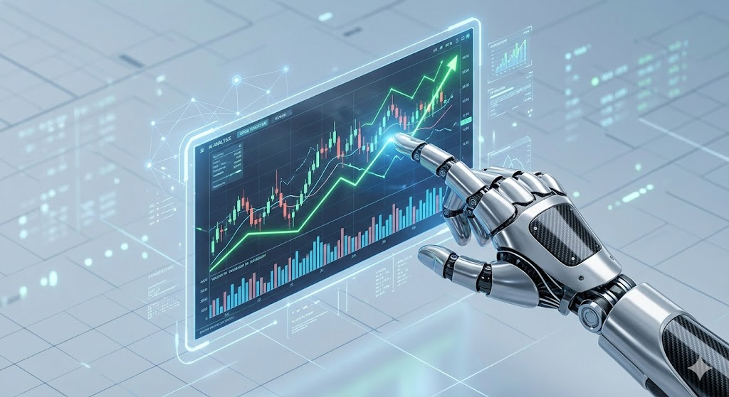 홀로그램 주가 그래프와 데이터 지표를 정밀 분석하는 로봇 손의 3D 일러스트