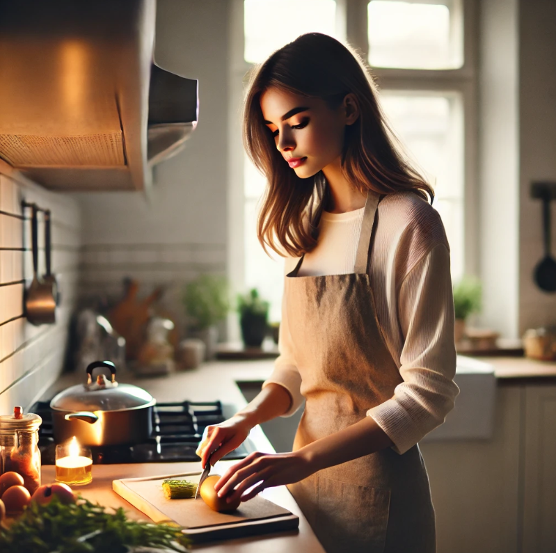 여자 혼자 요리하고 있는 사진