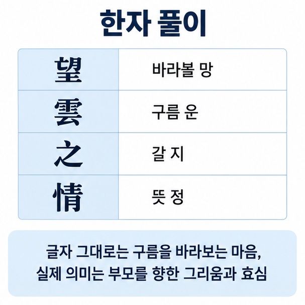 망운지정의 한자 望雲之情과 바라볼 망, 구름 운, 갈 지, 뜻 정의 풀이를 정리한 이미지
