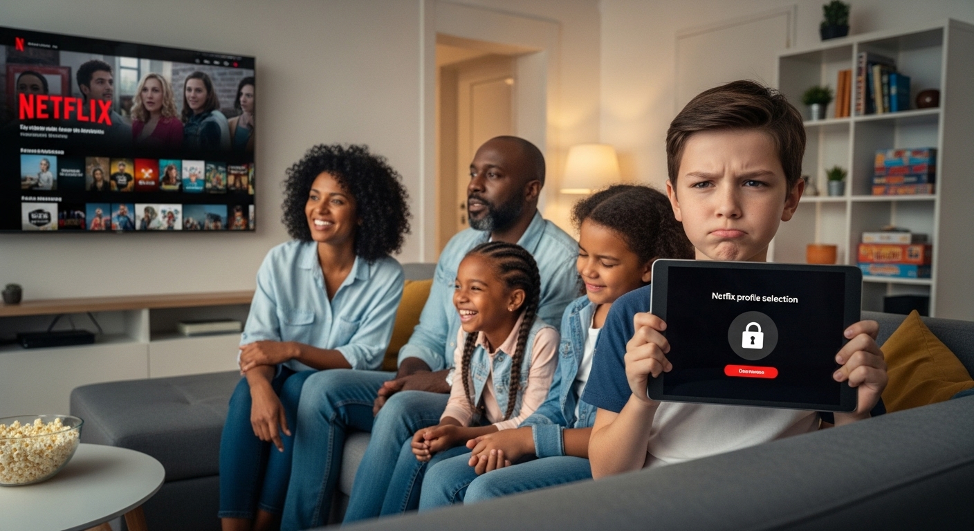 거실에서 넷플릭스를 시청하는 가족과, 잠긴 프로필을 보며 궁금해하는 아이의 모습입니다.
