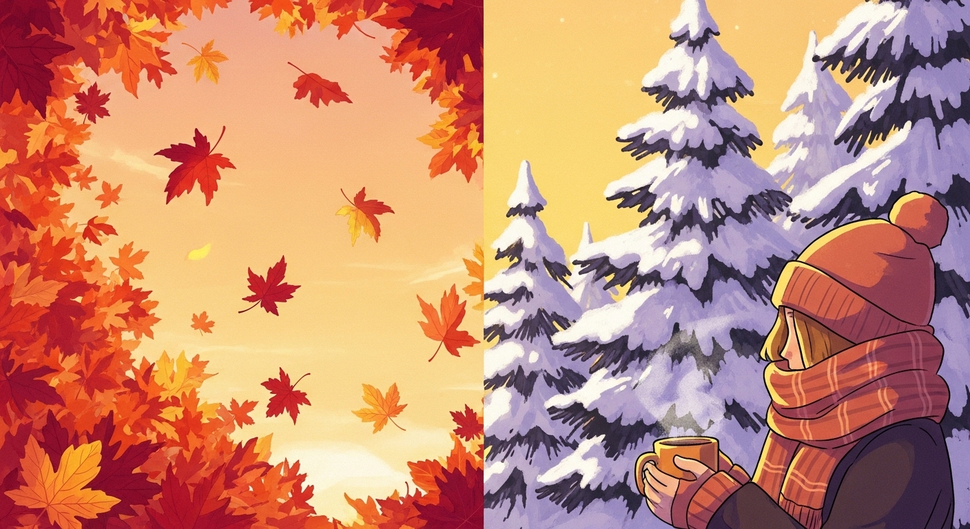늦가을 낙엽과 첫눈이 공존하는 포근한 풍경 속, 따뜻한 차를 마시며 계절의 변화를 느끼는 모습. 11월 말 인사말의 감성을 담은 이미지.
