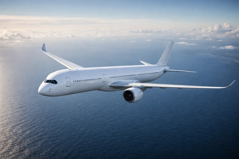 깊고 푸른 바다 위 상공을 안정적으로 순항하는 흰색 도장의 에어버스 A350-1000 항공기를 담은 항공 촬영 이미지