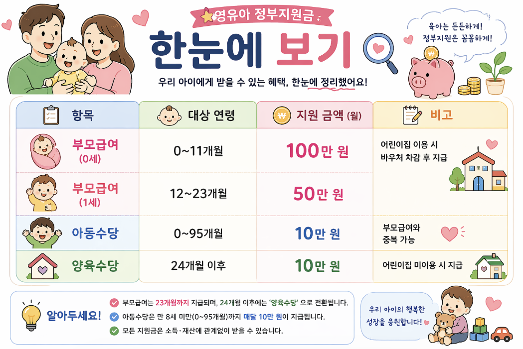 2026년 영유아 정부지원금 요약표 부모급여 아동수당 양육수당 연령별 지원 금액 및 비교 정리