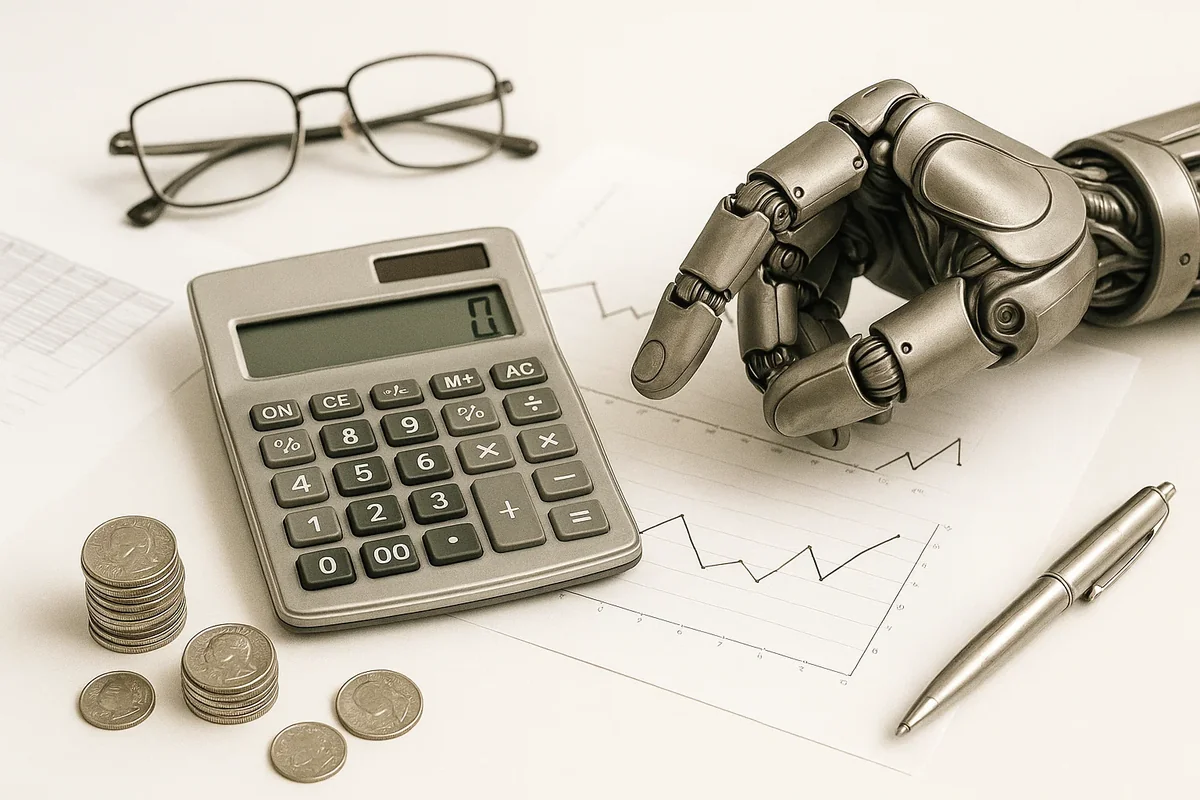AI 로봇 손과 계산기로 재무 분석하는 모습