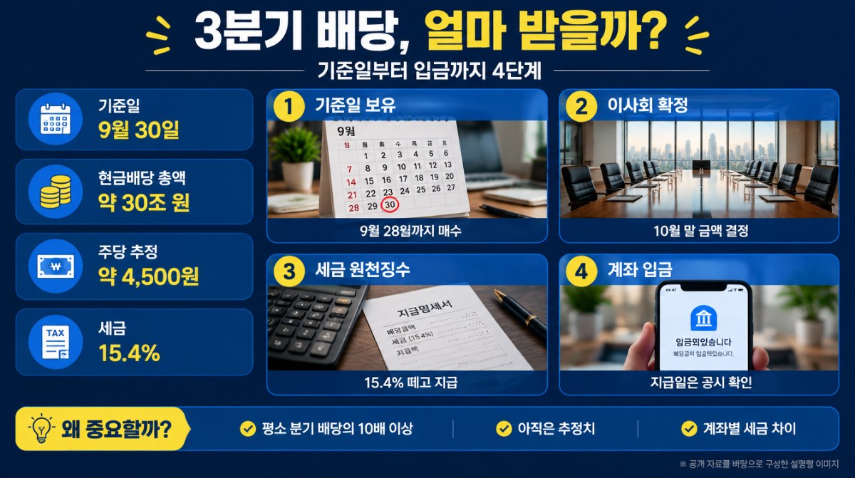 삼성전자 3분기 배당 기준일부터 입금까지 4단계 인포그래픽 - AI 생성 이미지