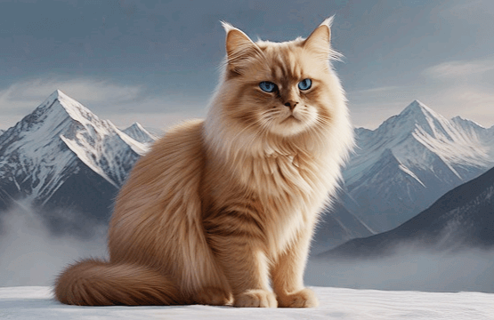 갈색 털을 가진 고양이가 앉아있다. 두 눈은 푸른색이다. 뒤엔 설산들이 있다.