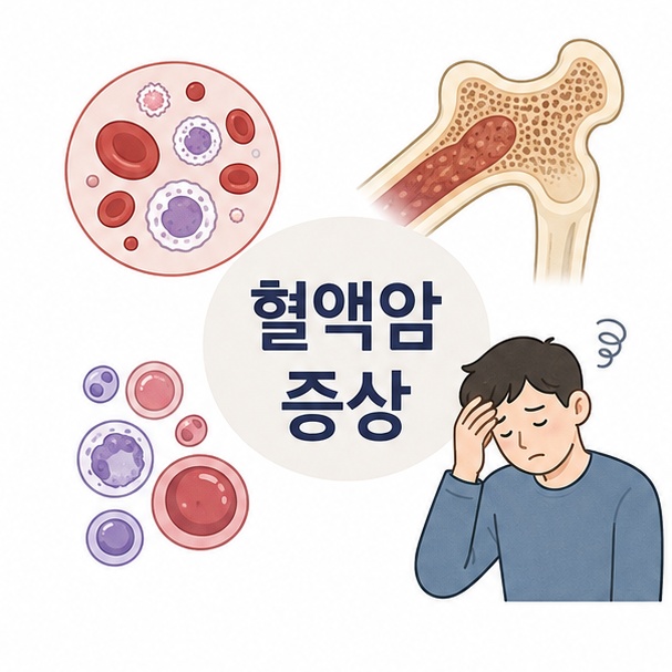 혈액세포와 골수, 피곤한 사람을 이용해 혈액암에서 다양한 전신 증상이 나타날 수 있음을 보여주는 그림