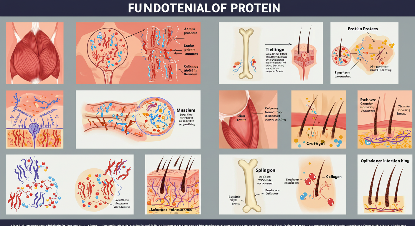 근육, 뼈, 피부, 머리카락 등 신체 부위가 단백질로 구성됨을 보여주는 인포그래픽
