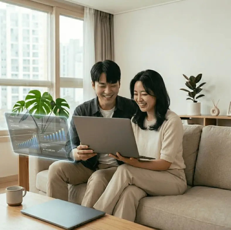 스마트폰과 노트북을 이용해 청년도약계좌 담보대출 조건을 확인하는 청년들의 모습