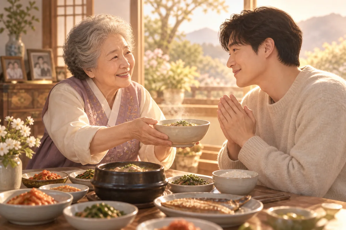 밝은 식탁에서 돌아가신 어머니가 음식을 건네는 꿈 장면