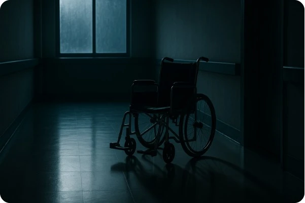 어두운 병원 복도 창가 빛 속 비어 있는 휠체어