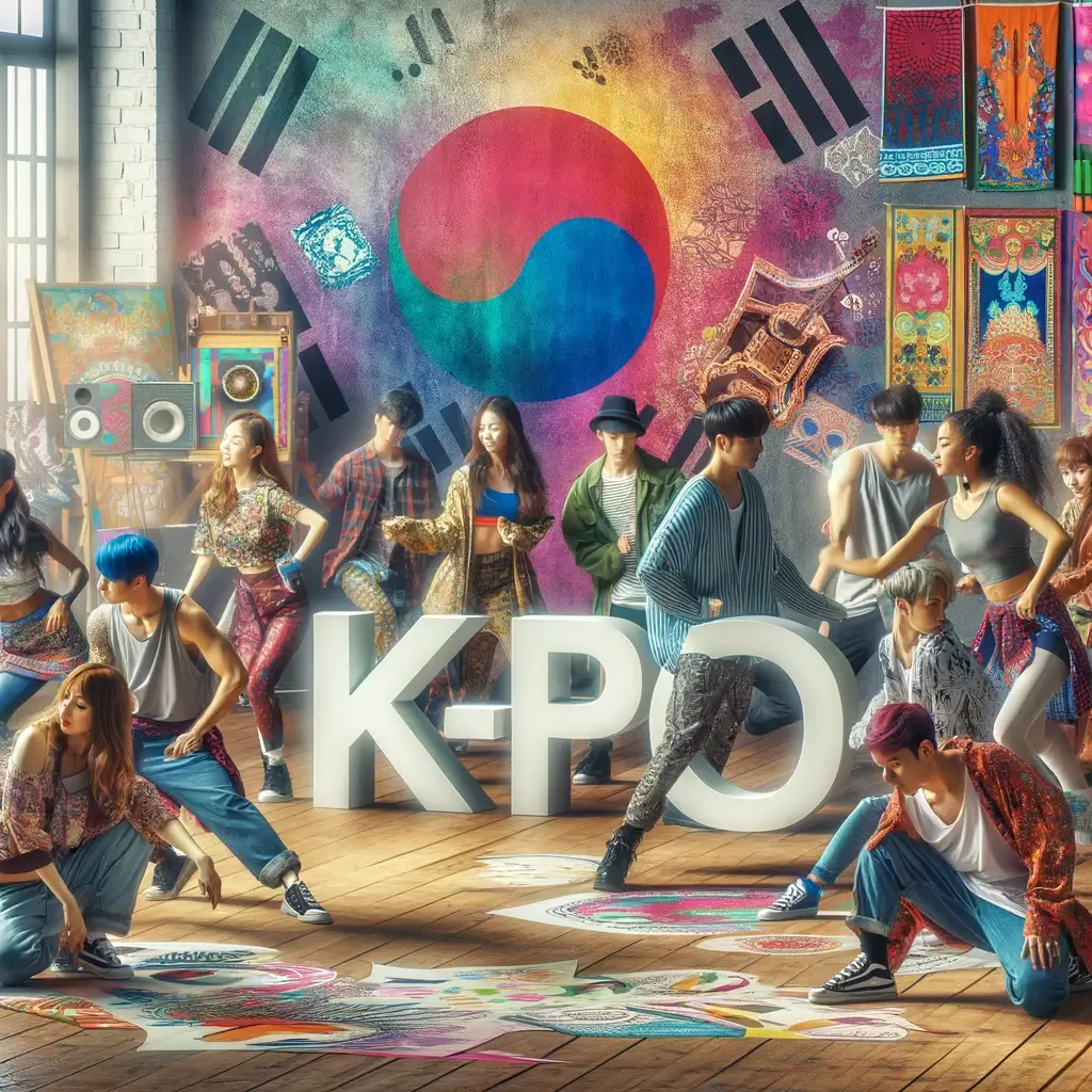 신세대 댄서들이 K-Pop 스타일과 현지 문화적 영향을 혼합하고 있는 활기찬 댄스 스튜디오 장면을 묘사한 이미지