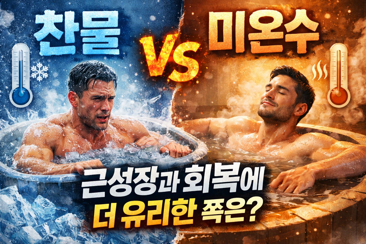운동 후 찬물 샤워와 미온수 샤워 비교 이미지, 근성장과 회복에 더 유리한 선택을 설명하는 시각 자료