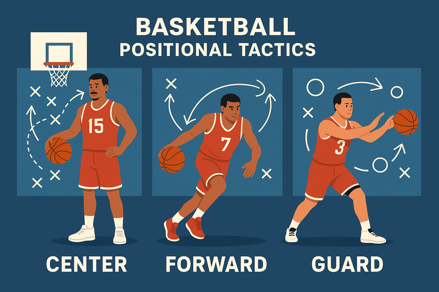 농구 포지션별 전술 이미지: 센터, 포워드, 가드의 역할과 움직임을 시각화한 플랫 스타일 전술 일러스트