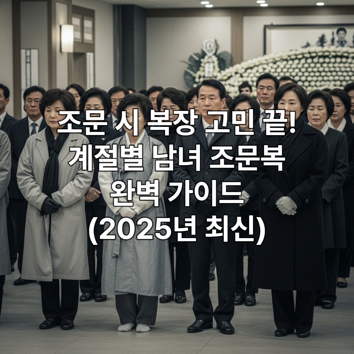 계절에 맞는 단정한 조문복을 입은 다양한 연령대의 남녀가 한국의 현대식 장례식장에서 경건하게 조문하는 모습