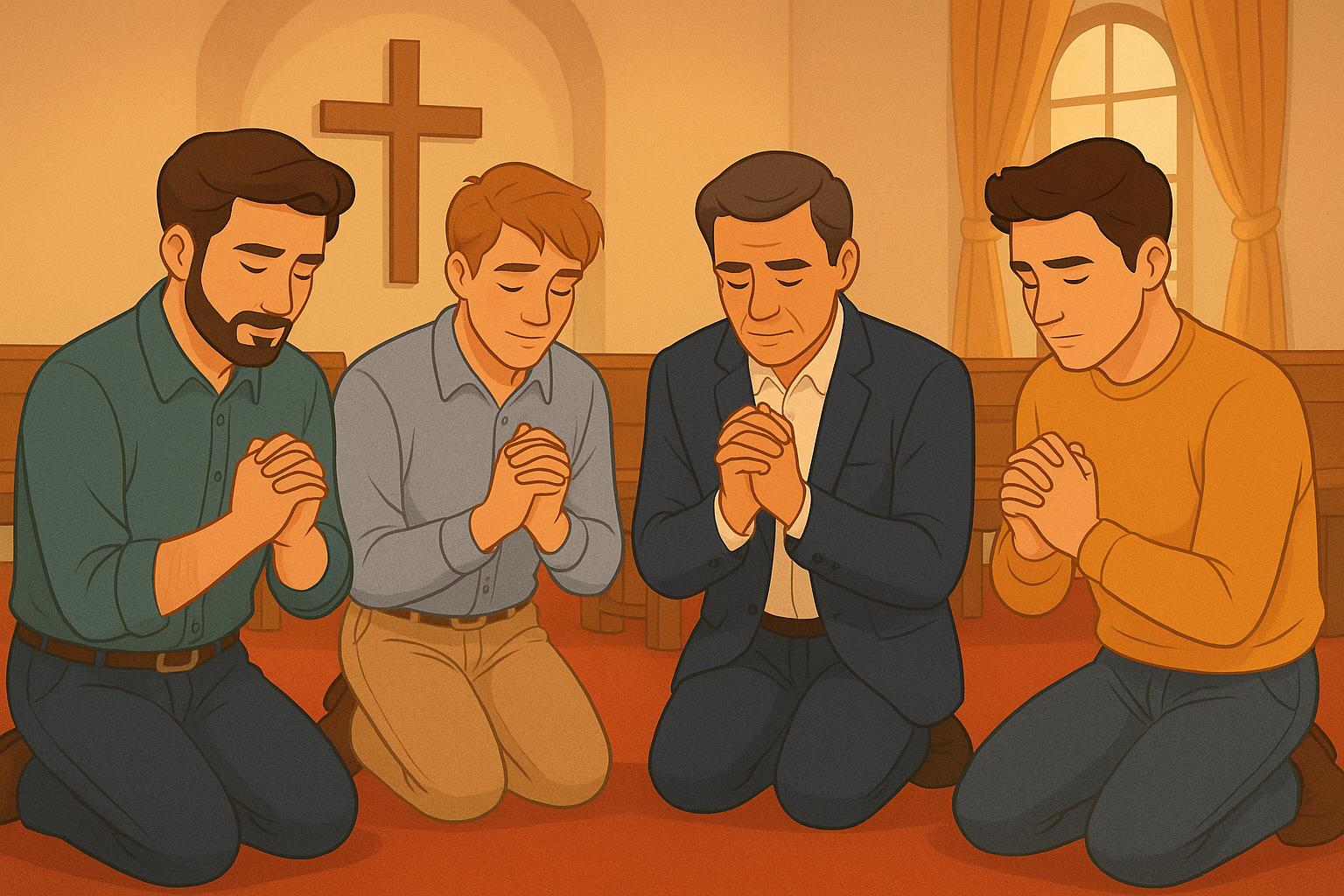 따뜻한 교회 예배당 안에서 안수집사회 회원들이 함께 모여 헌신예배를 드리며 기도와 교제를 나누는 장면.