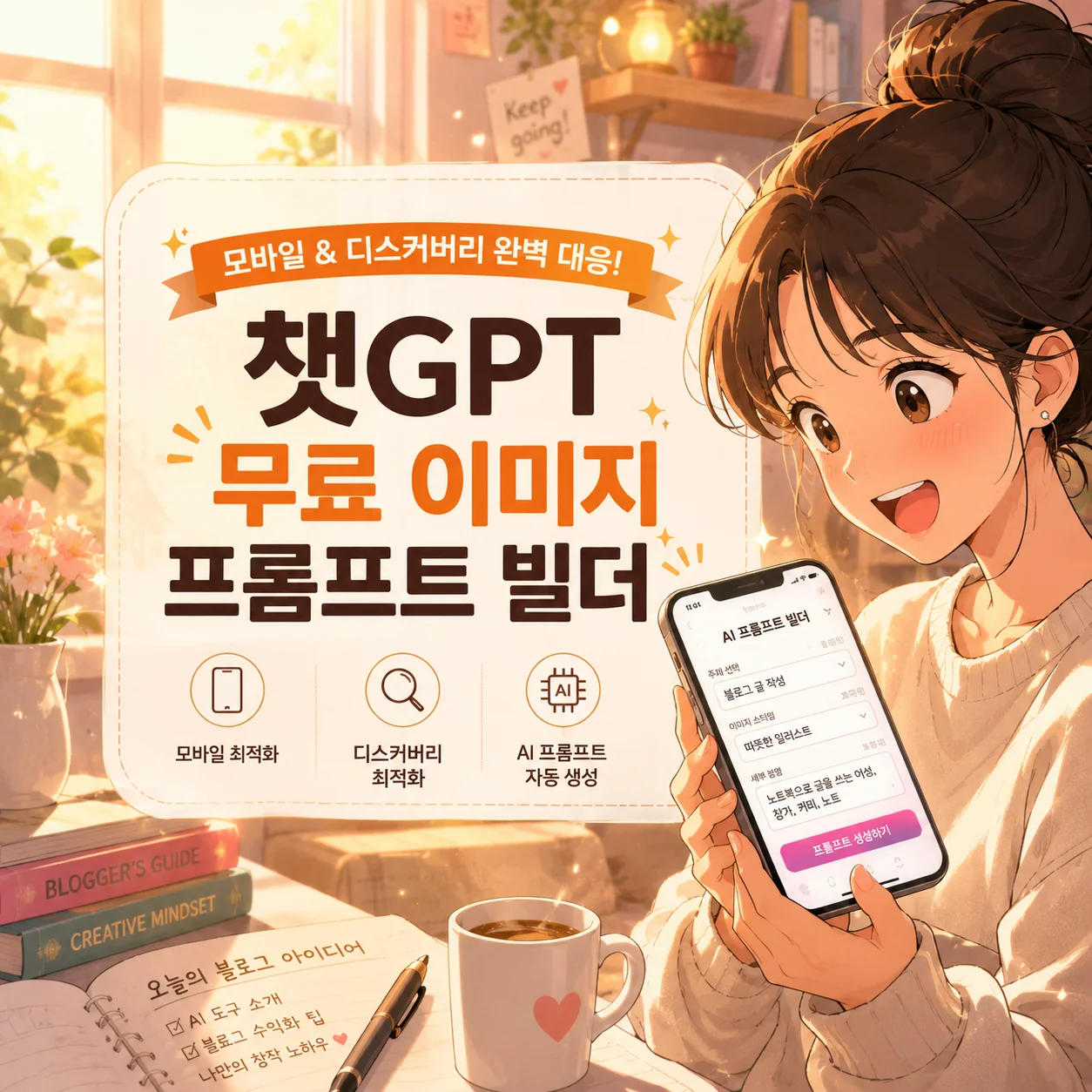 챗GPT 무료 이미지 프롬프트 빌더 추천｜모바일 &amp; 애니메이션 일러스트 AI 대표 이미지 만들기