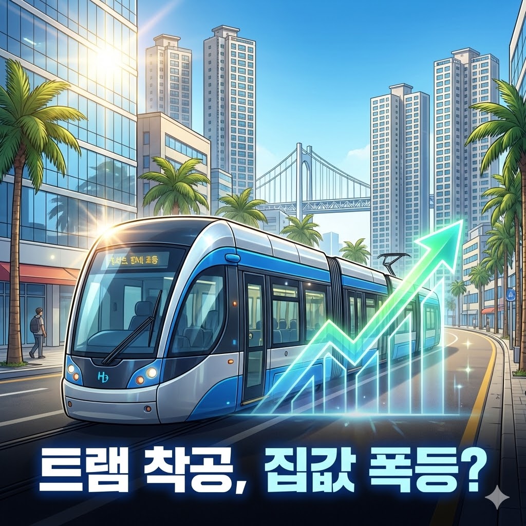 부산 오륙도선 트램이 용호동 아파트 단지를 지나가는 모습과 상승하는 집값 그래프 일러스트