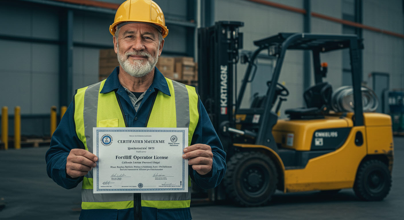 지게차기능시험을 합격하고 합격증을 받고 웃음띤얼굴