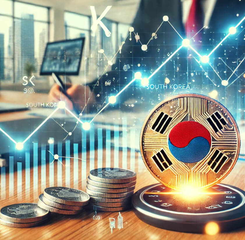 한국은행의 기준금리 인하를 상징하는 이미지. 중앙에는 금리 하락 추세를 나타내는 그래프와 한국 원화를 상징하는 동전이 배치되어 있으며, 배경에는 금융 분석과 경제적 영향을 나타내는 현대적인 사무실 배경이 포함되어 있다