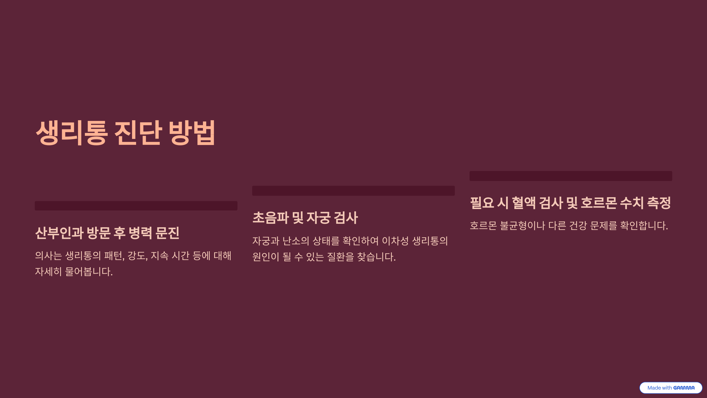 "생리통 진단 방법을 안내하는 인포그래픽. 산부인과 진료 후 병력 문진, 자궁과 난소 상태를 확인하는 초음파 및 자궁 검사, 필요 시 호르몬 수치를 확인하는 혈액 검사 등이 포함됨