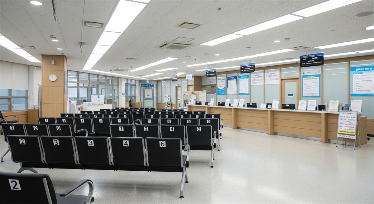 주민센터 대기 공간에서 순서를 기다리는 오프라인 신청 분위기 장면 