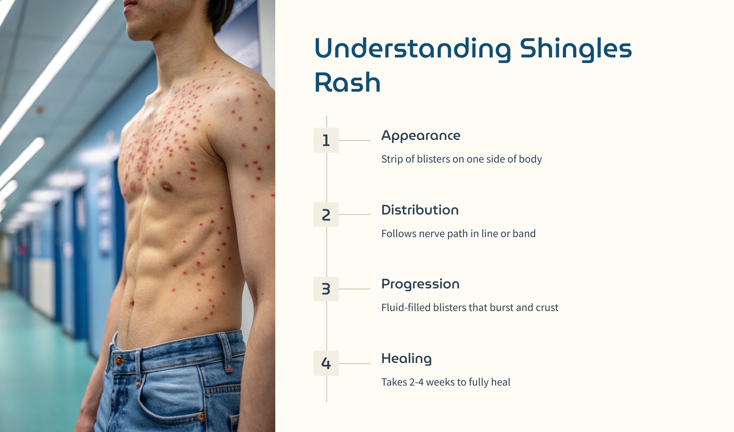 close-up of characteristic shingles rash showing blisters in a linear pattern on torso, clinical lighting, medical reference style