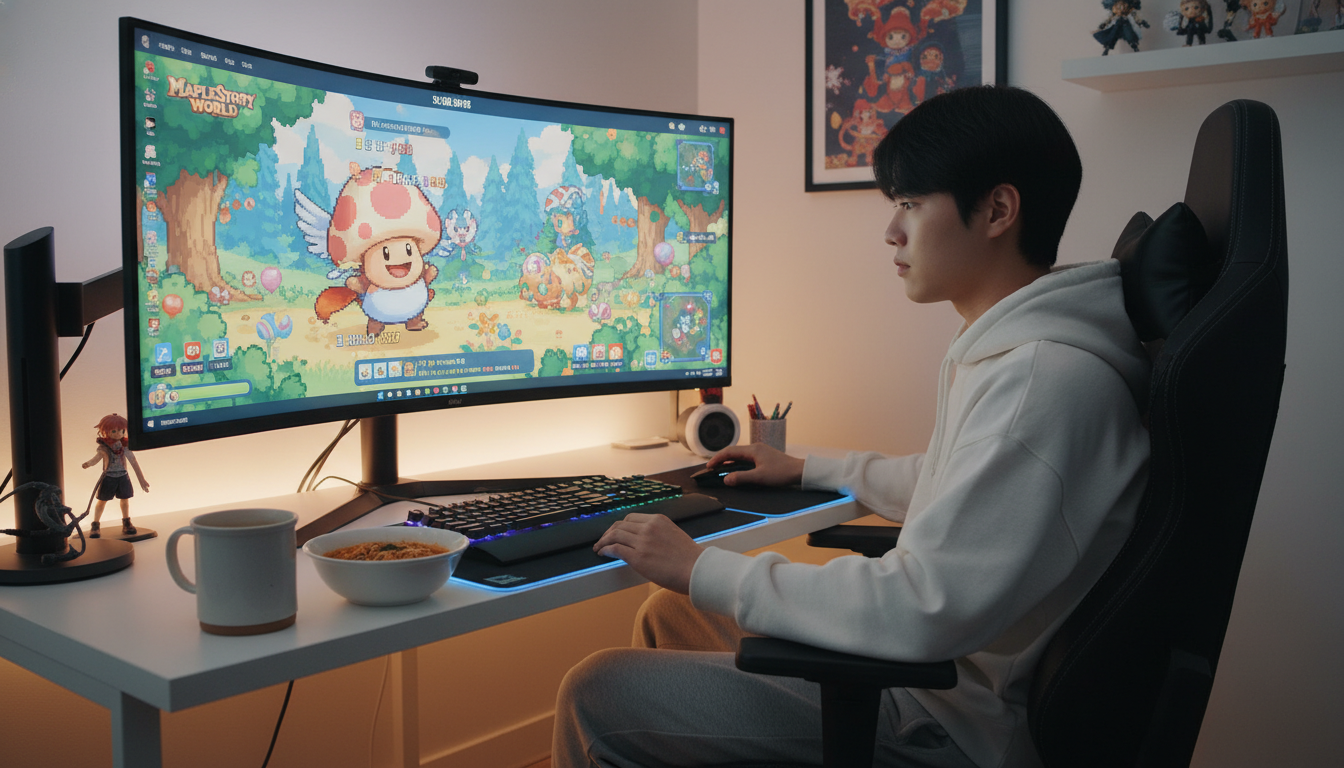 최근 한국 청년이 PC방이나 집에서 아르테일을 플레이하며 즐거워하는 모습. 게임 화면이 선명하게 보입니다.