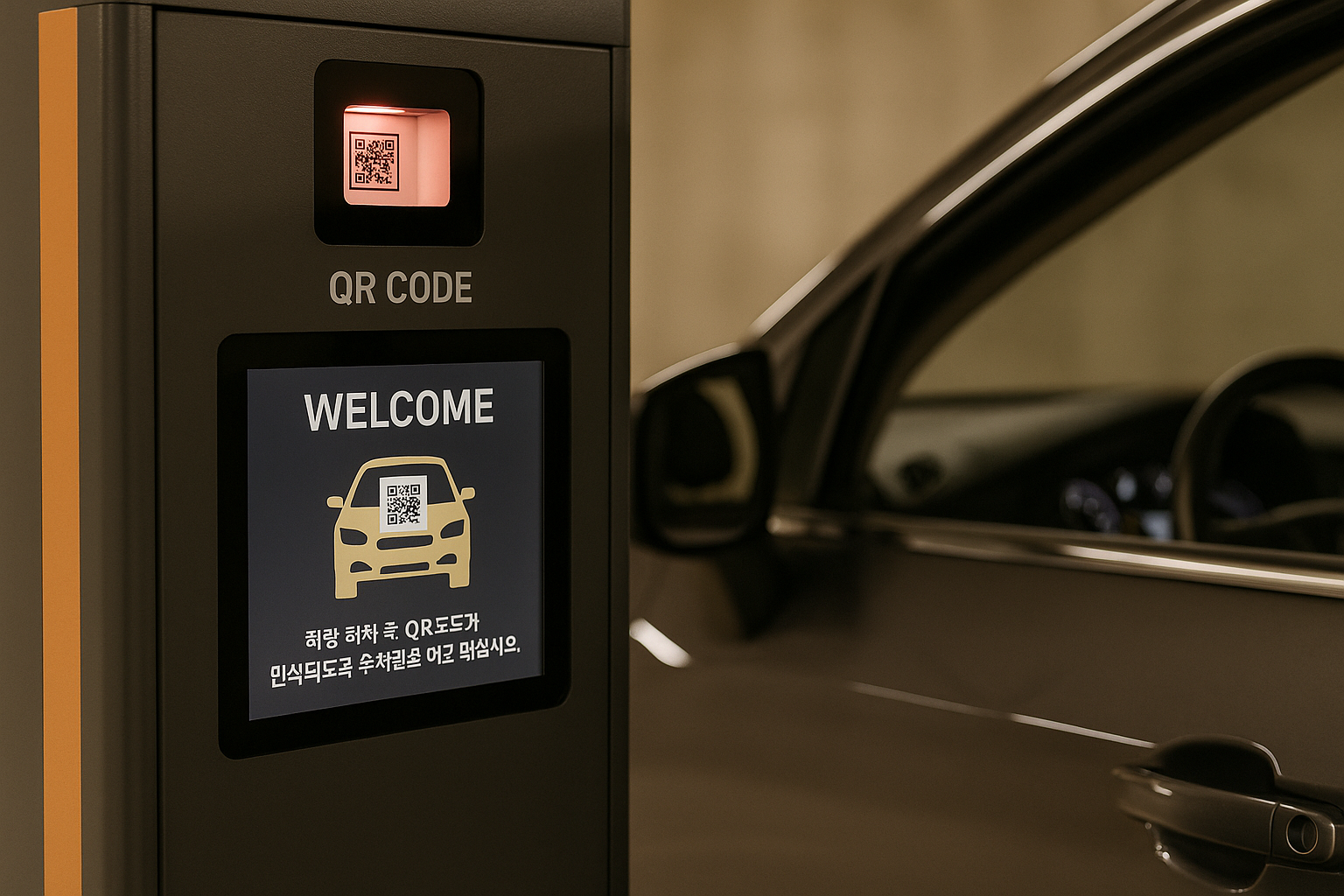 QR코드를 인식하는 주차장 입장 단말기 모습